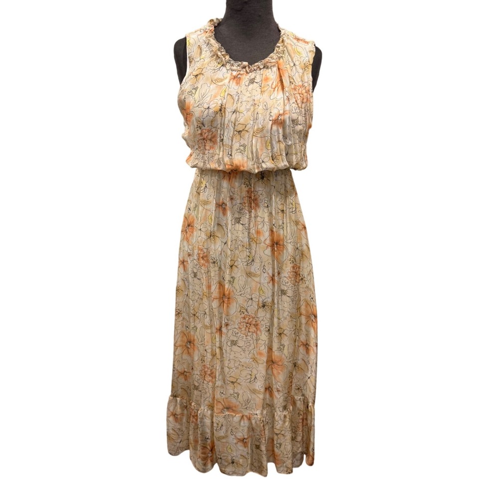 Raga Silk blend Floral‎ Midi Dress Orange Yellow Boho Ruffle Neck  Size M
